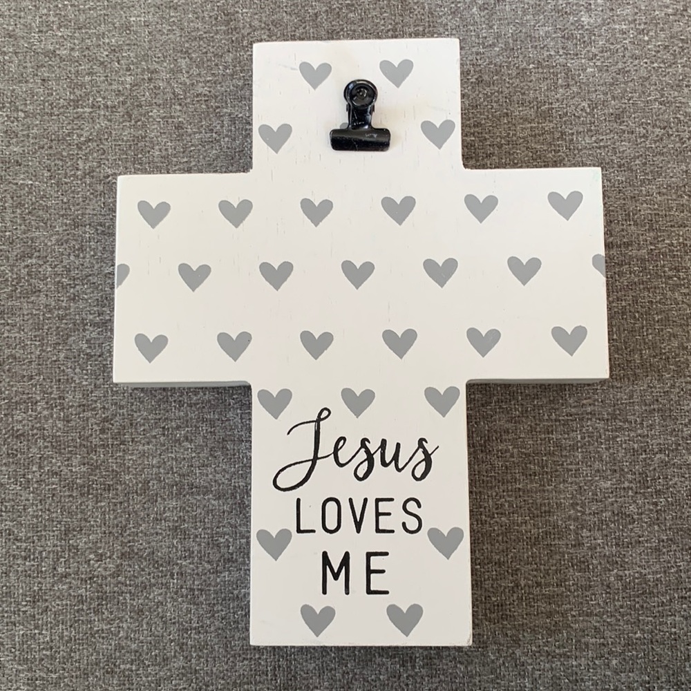 Jesus loves me cross with picture holder and heart background